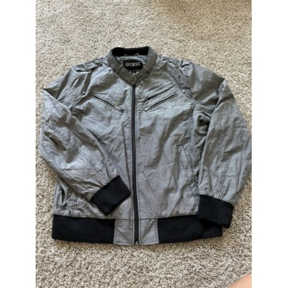 Guess Mens Bomber Jacket Full Zip Gray Nylon Mesh Lining Size XL Snap Collar
